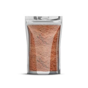 Sachet refermable transparent d'1kg de poudre de costus indien brun orangé pour usage cosmétique.