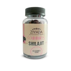 Flacon 60 gummies shilajit marron noir Ziyada complément énergie vitalité minéraux d’Himalaya.